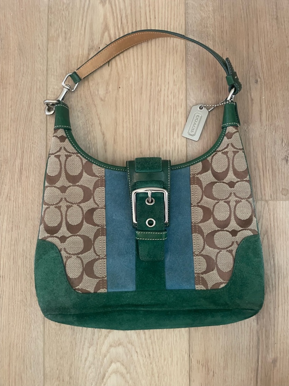 Vintage Y2K Coach Brown Signature Canvas Hobo with Green Suede & Blue Stripe